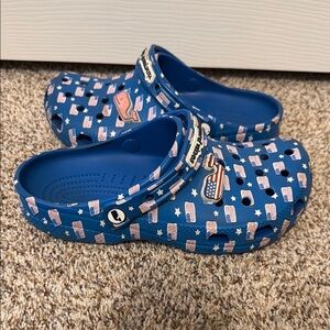 Kids Blue Crocs with American Flag Design